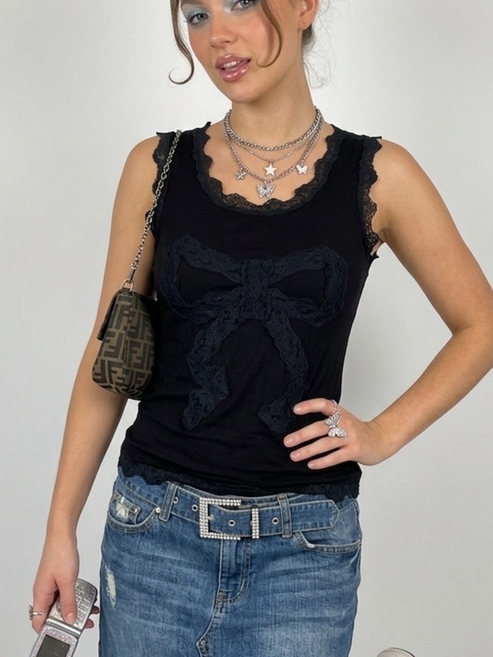 Y2K 2000s Black Lace Trim Cami Tank Top Bow Fitted Long NWT Grunge Whimsigoth